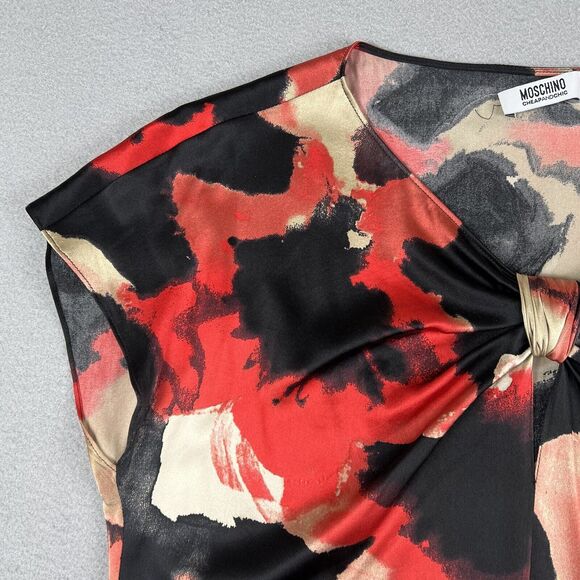 Moschino Cheap And Chic Silk Abstract Floral Red Key Hole Cap Sleeve Blouse‎ 8 - Picture 4 of 16